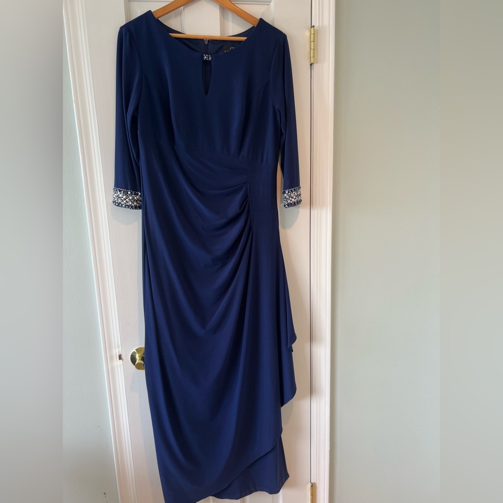 Alex Evening Navy GownDress Embellished Sleeves